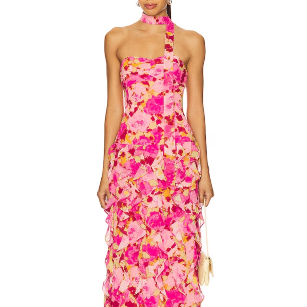 Lovers + Friends Pink Floral Ruffle Maxi Dress
